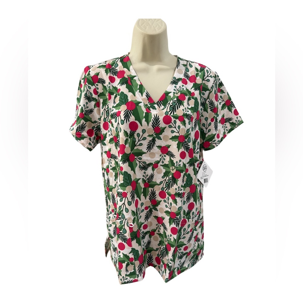 NWT Divine Stretch‎ Scrub Top Holly Christmas Women’s Size Large Red Green